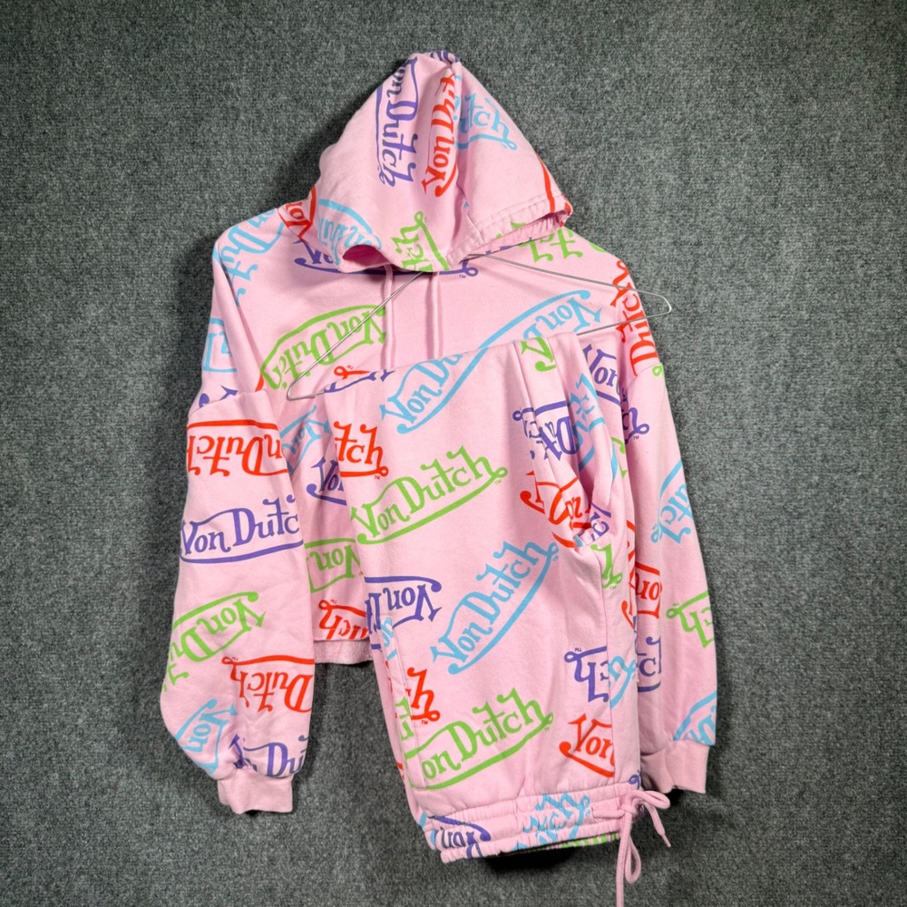 Von Dutch All Over Print Cropped Hoodie and Sweatpants Set Womens Small Pink